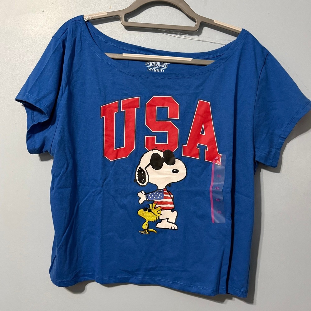 Peanuts Snoopy USA Graphic T-Shirt Blue XXL Woodstock Patriotic Crop Top 2678